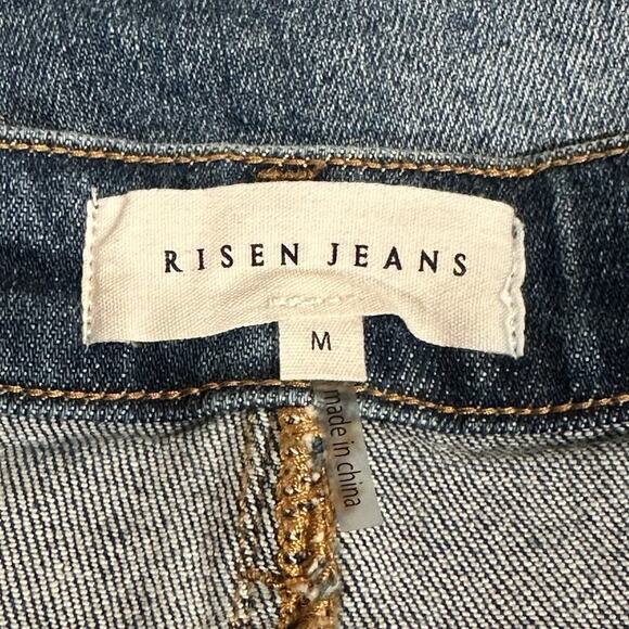 Risen Women’s M Medium Wash Distressed Stretch Y2K Frayed Denim Mini Skirt - Picture 7 of 11